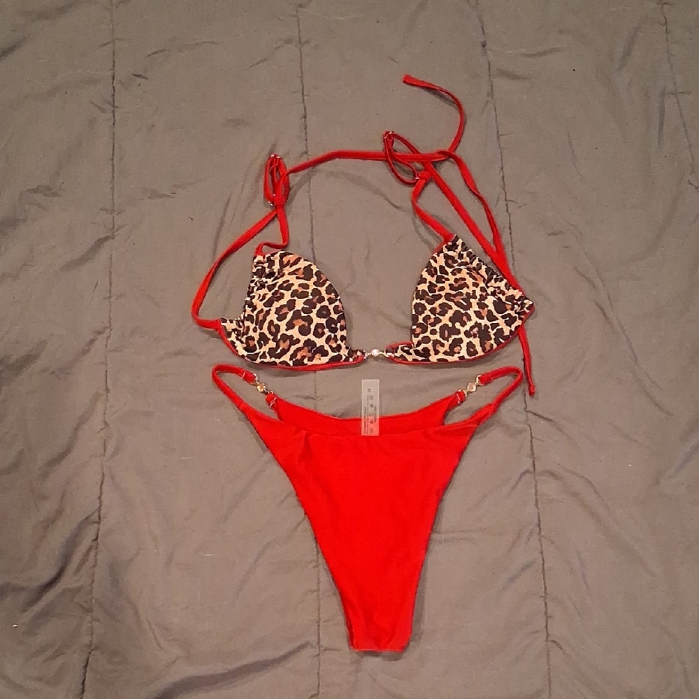 Red Bikini Set with Leopard Print Triangle Top